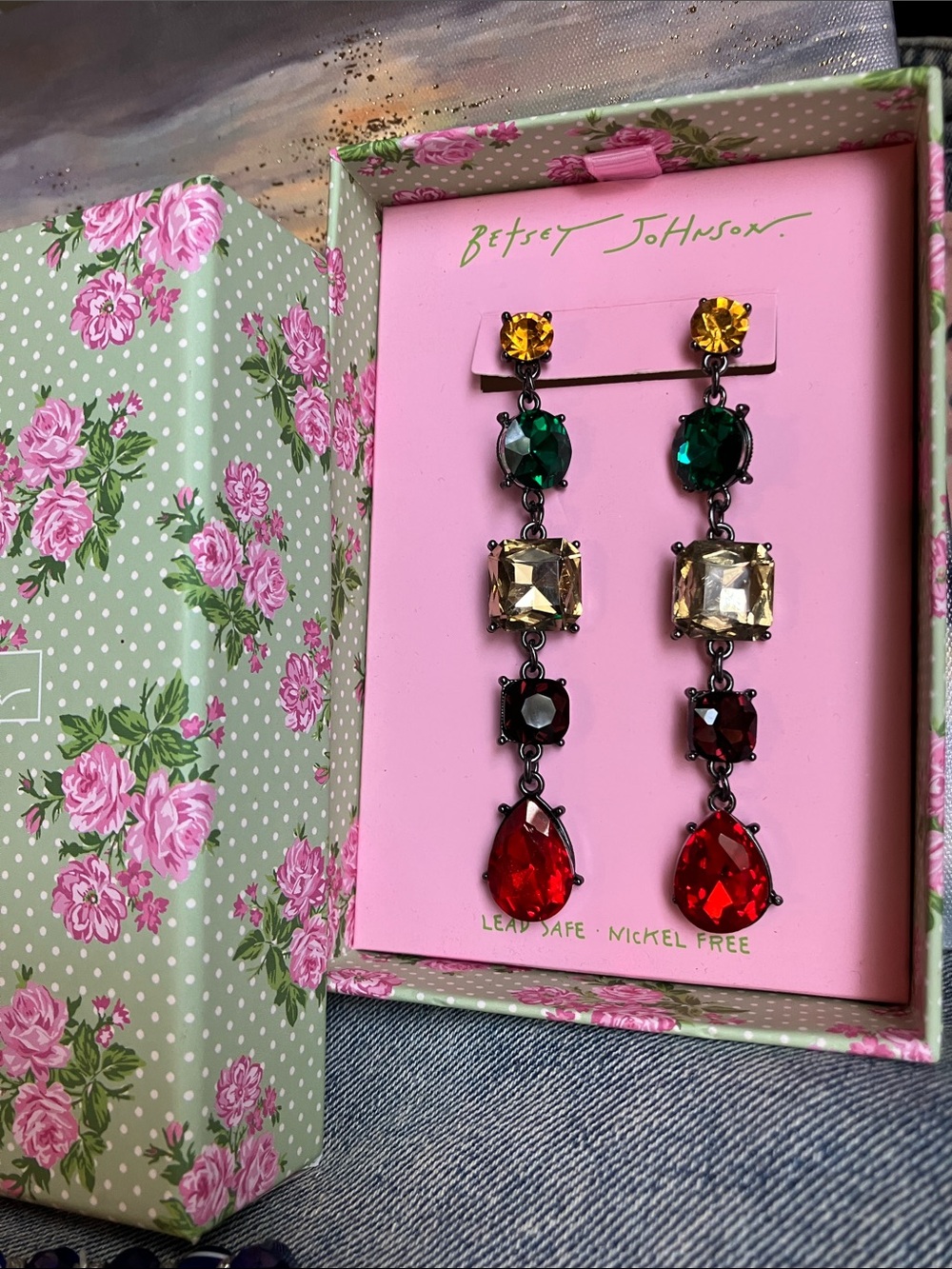 Betsey Johnson Multicolor Crystal Drop Earrings — Red, Green, Amber, Clear
